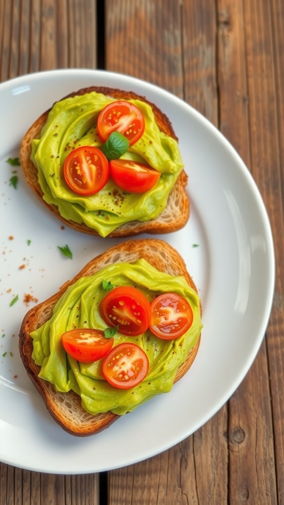Two slices of avocado toast topped with tomatoes and herbs on a rustic plate.